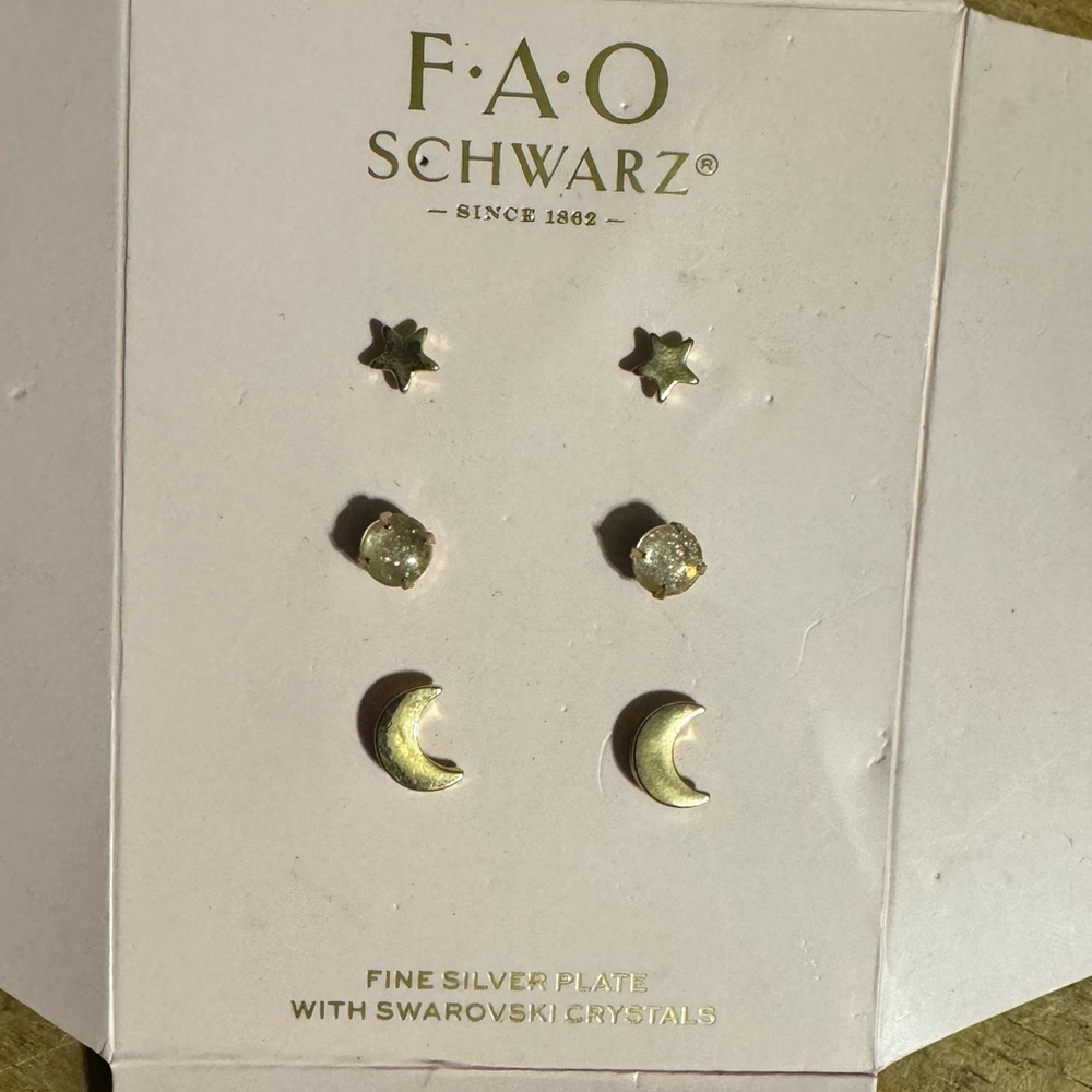 FAO Schwarz Fine Silver Plate With Swarovski Crystals Earrings Moon Stars